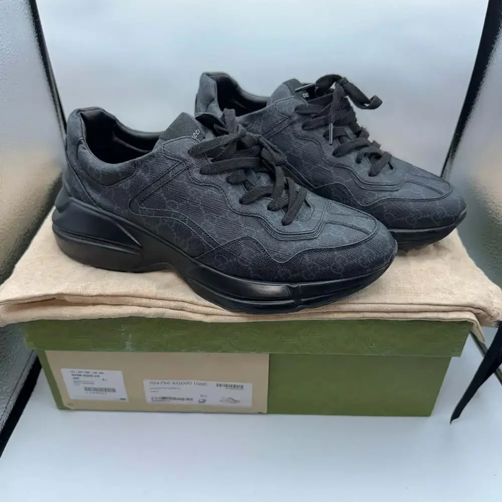 Gucci GG Rhyton Black Monogram Canvas Sneakers 704796 KGD00 1000